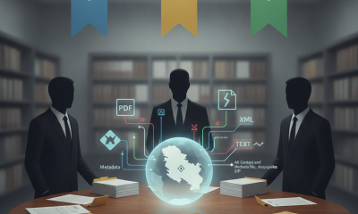 Three silhouetted figures in suits discussing legislation around a table with documents and a ho — Senate Bill 5611 Serbia