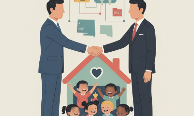 Two men in suits shaking hands in front of a house with children — Best Practices for Military Family Child Care Homes Act