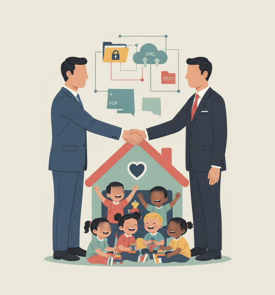 Two men in suits shaking hands in front of a house with children — Best Practices for Military Family Child Care Homes Act