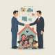 Two men in suits shaking hands in front of a house with children — Best Practices for Military Family Child Care Homes Act