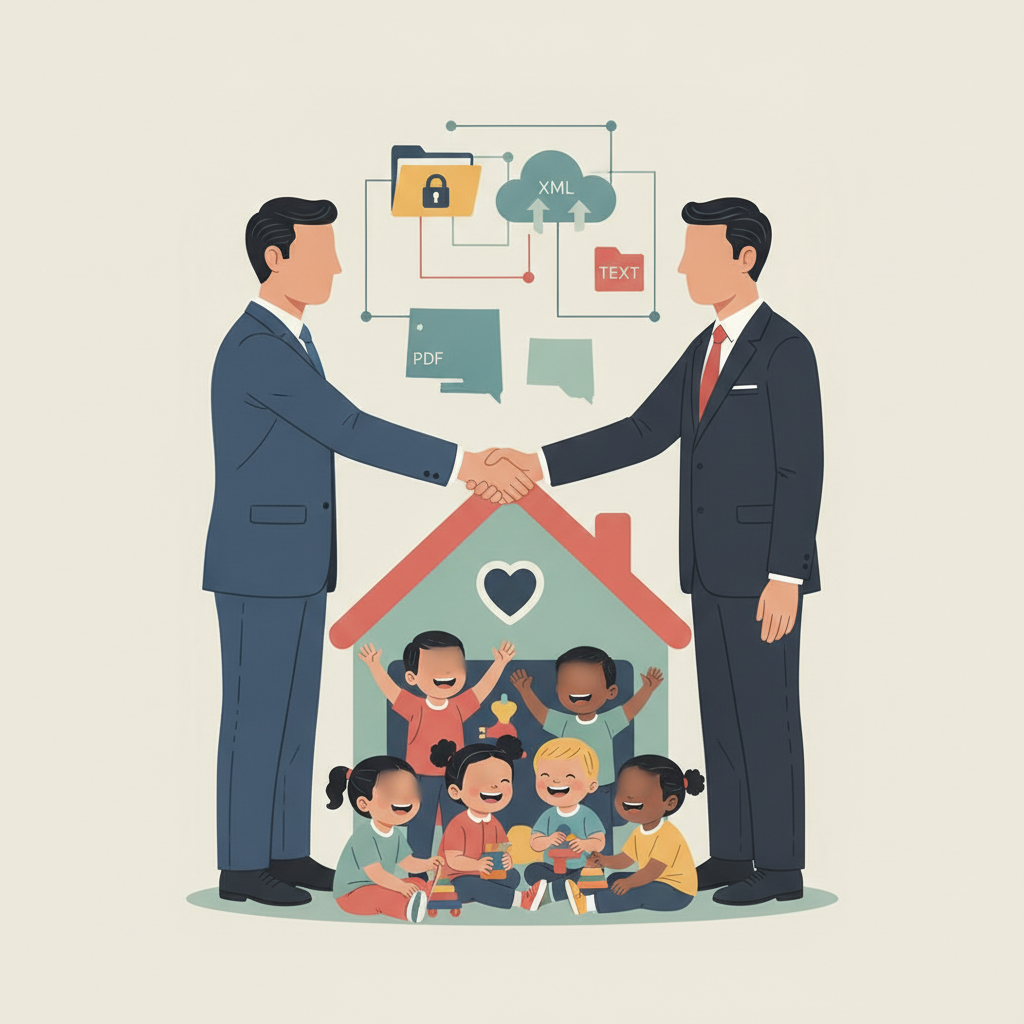 Two men in suits shaking hands in front of a house with children — Best Practices for Military Family Child Care Homes Act