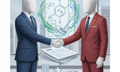 Two faceless figures in business suits shaking hands in front of a graphic representing — military base PFAS cleanup bill