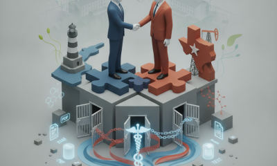 Two abstract figures in suits shaking hands over puzzle pieces, symbolizing bipartisan cooperation o — STRONGER Act S 5543