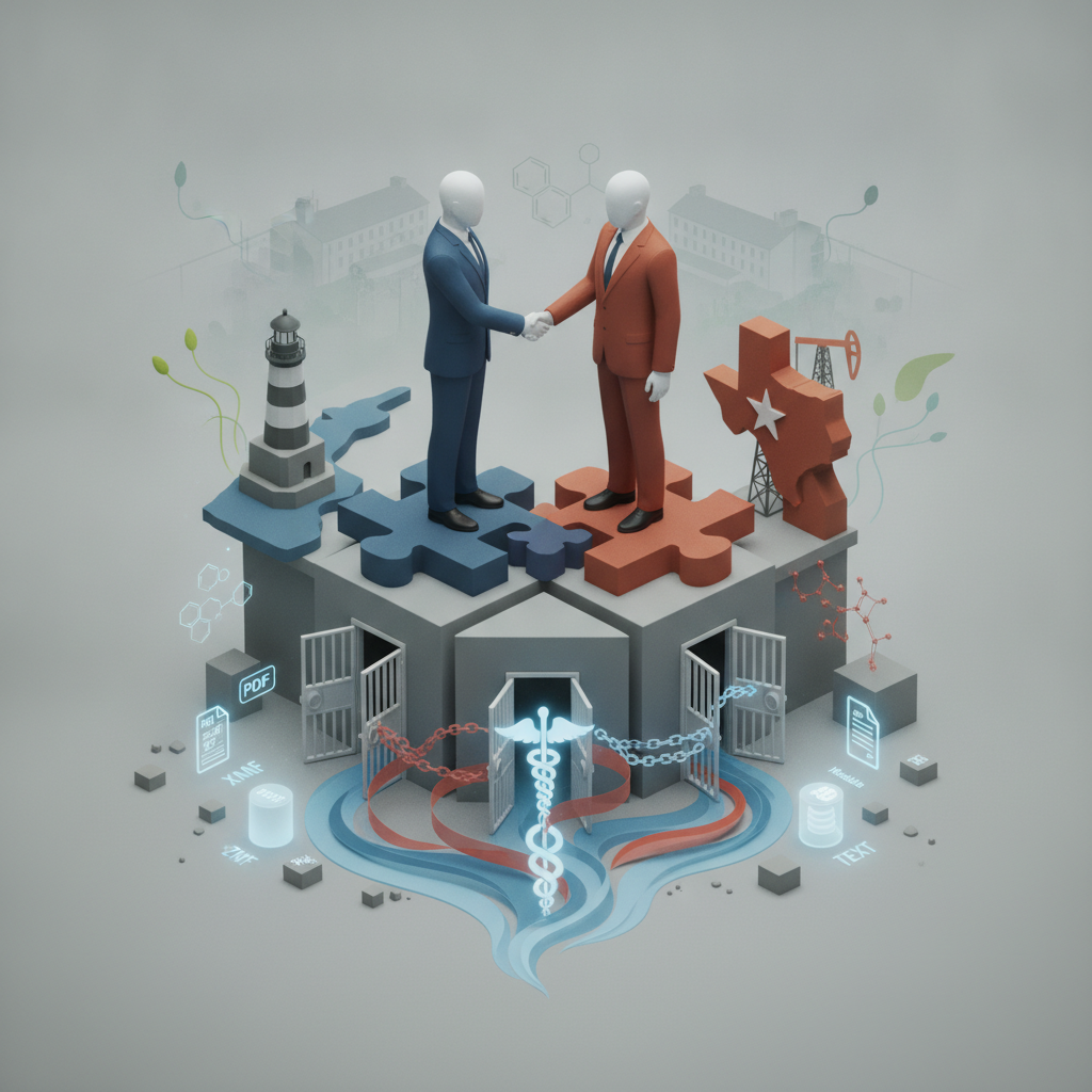 Two abstract figures in suits shaking hands over puzzle pieces, symbolizing bipartisan cooperation o — STRONGER Act S 5543