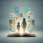Illustration of a parent and child standing in front of a book with symbols of money, clo — Bright Beginnings Act HR 10815