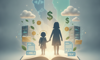 Illustration of a parent and child standing in front of a book with symbols of money, clo — Bright Beginnings Act HR 10815