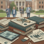 A desk cluttered with books, documents, and a tablet, with college students walki — Civic Literacy in Higher Education Act
