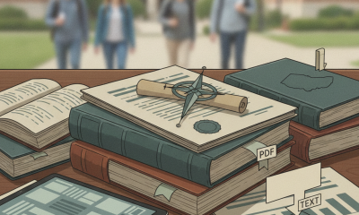A desk cluttered with books, documents, and a tablet, with college students walki — Civic Literacy in Higher Education Act