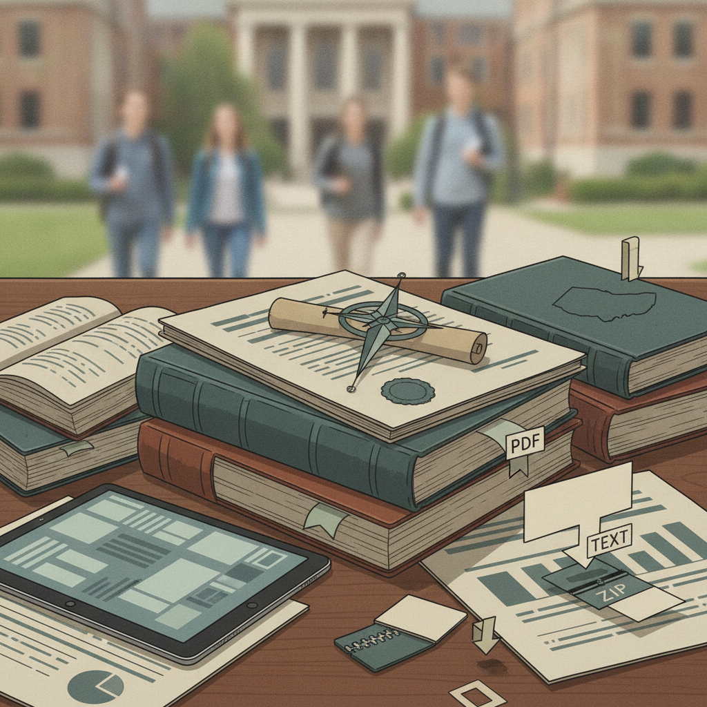 A desk cluttered with books, documents, and a tablet, with college students walki — Civic Literacy in Higher Education Act