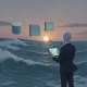 Illustration of a person viewing coastal ocean data on a tablet as digital cha — Coastal Ocean Research for Management Act