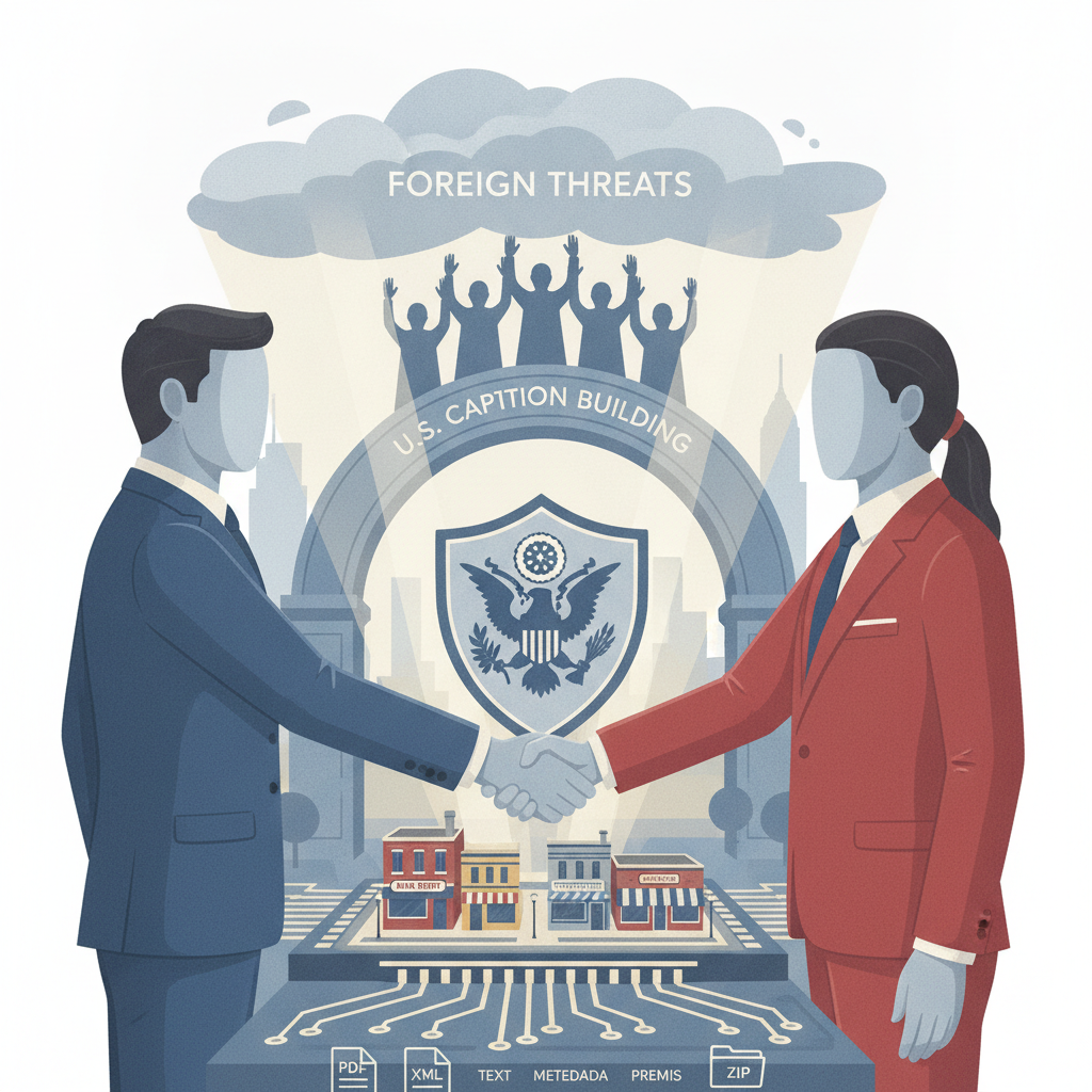 Two figures shaking hands over a digital map highlighting foreign threats t — Combating Foreign Threats to Main Street Act
