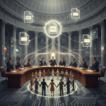 Illustrated lawmakers meet around a conference table as children — Renewing the African American Civil Rights Network Act