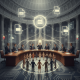 Illustrated lawmakers meet around a conference table as children — Renewing the African American Civil Rights Network Act