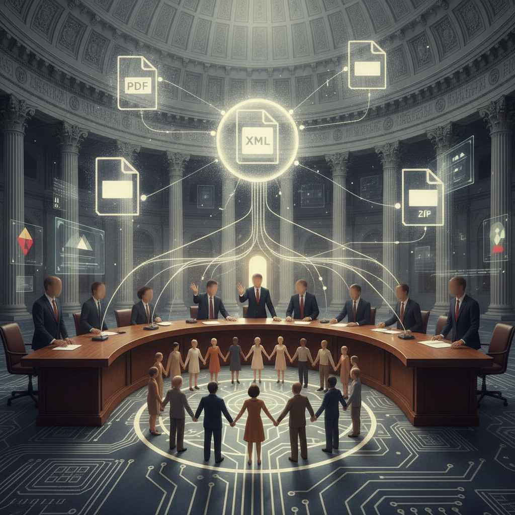 Illustrated lawmakers meet around a conference table as children — Renewing the African American Civil Rights Network Act