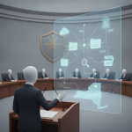 Illustration of a speaker presenting digital files before a seated committee, representi — Samis Law rideshare safety bill