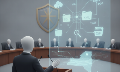 Illustration of a speaker presenting digital files before a seated committee, representi — Samis Law rideshare safety bill