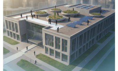 Heat Island Reduction Act illustration of a federal building with rooftop gardens, solar panels, and people