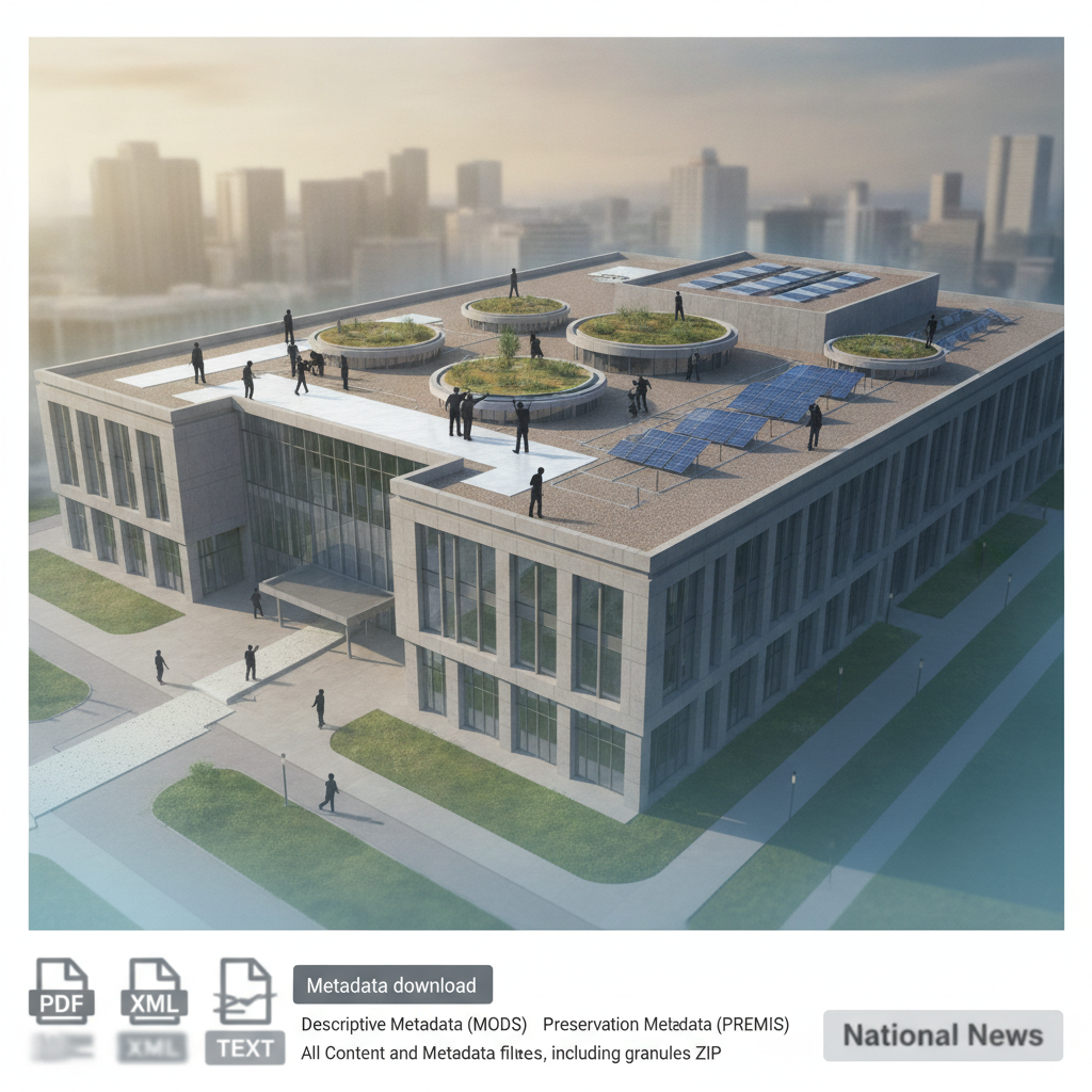 Heat Island Reduction Act illustration of a federal building with rooftop gardens, solar panels, and people