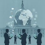 Silhouettes of people using tablets in front of the U.S. Capitol, with a globe and d — War Powers Resolution Houthis Yemen