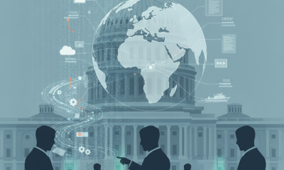 Silhouettes of people using tablets in front of the U.S. Capitol, with a globe and d — War Powers Resolution Houthis Yemen