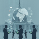 Silhouettes of people using tablets in front of the U.S. Capitol, with a globe and d — War Powers Resolution Houthis Yemen