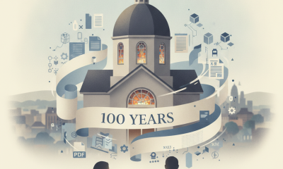 Illustration of a church with a “100 YEARS” banner and two people below, marki — United Baptist Church Akron 100 years