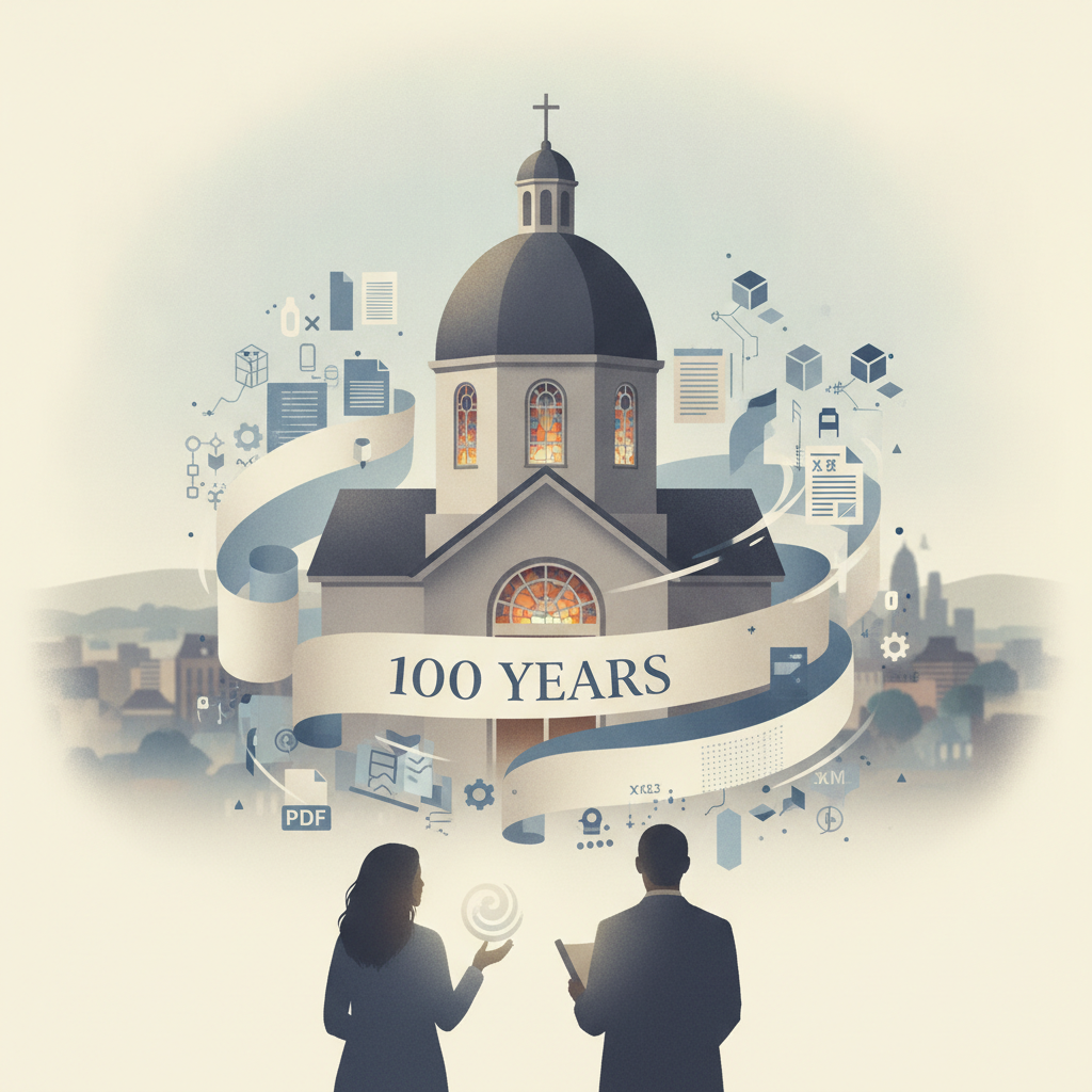 Illustration of a church with a “100 YEARS” banner and two people below, marki — United Baptist Church Akron 100 years