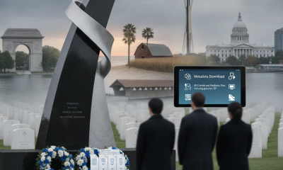 A memorial monument with a curved design, surrounded by flowers and gravestones, honoring fallen Ai — Zeus 95 Memorial Act