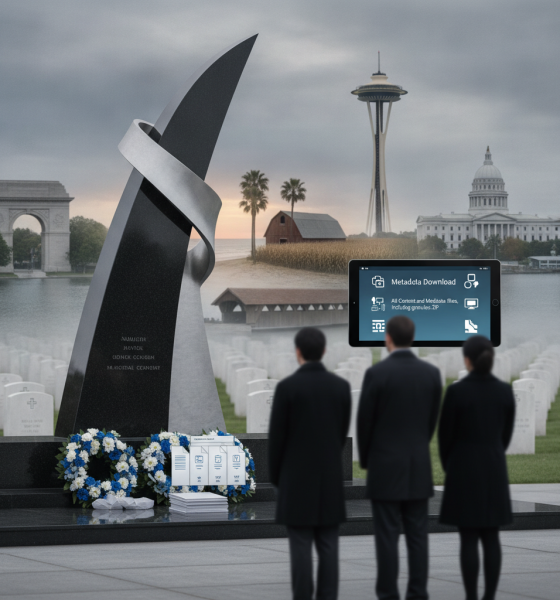 A memorial monument with a curved design, surrounded by flowers and gravestones, honoring fallen Ai — Zeus 95 Memorial Act