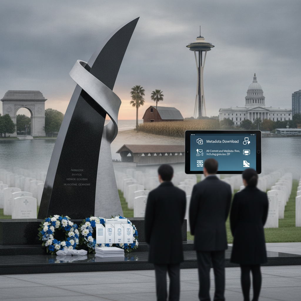A memorial monument with a curved design, surrounded by flowers and gravestones, honoring fallen Ai — Zeus 95 Memorial Act