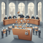 A stylized courtroom scene with a judge holding a gavel, surrounded by figures repre — Bankruptcy Threshold Adjustment Act