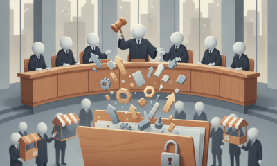 A stylized courtroom scene with a judge holding a gavel, surrounded by figures repre — Bankruptcy Threshold Adjustment Act