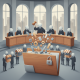 A stylized courtroom scene with a judge holding a gavel, surrounded by figures repre — Bankruptcy Threshold Adjustment Act