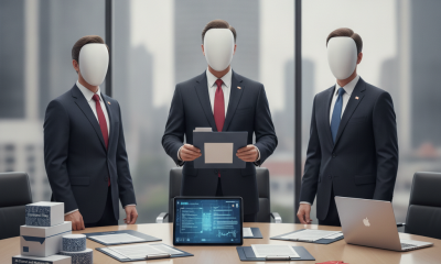 Three suited officials stand around a conference table with documents a — United States-India Interparliamentary Group Act