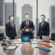 Three suited officials stand around a conference table with documents a — United States-India Interparliamentary Group Act