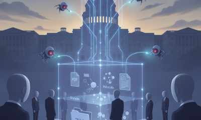 Illustration depicting a futuristic scene with faceless figures around a glowing cube, representing the Bots Research Act…