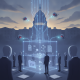 Illustration depicting a futuristic scene with faceless figures around a glowing cube, representing the Bots Research Act…