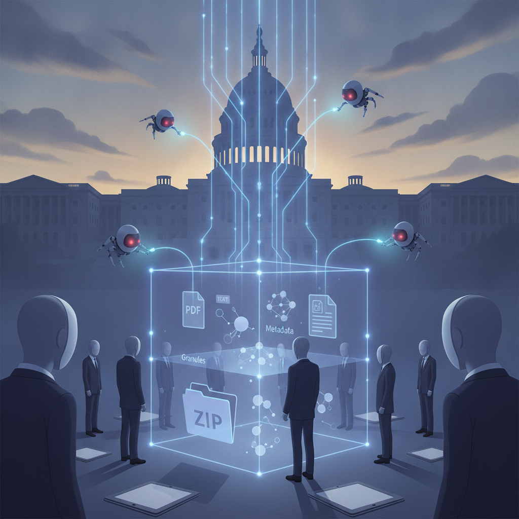 Illustration depicting a futuristic scene with faceless figures around a glowing cube, representing the Bots Research Act…