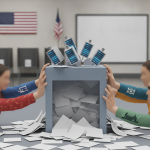 Illustration of voters interacting with a ballot box, symbolizing the data center — Data center backlash midterm elections