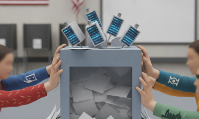 Illustration of voters interacting with a ballot box, symbolizing the data center — Data center backlash midterm elections