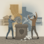 Illustration of figures, ballots, and a chain around a ballot box before a Cali — DOJ California noncitizen voters lawsuit
