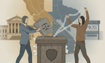 Illustration of figures, ballots, and a chain around a ballot box before a Cali — DOJ California noncitizen voters lawsuit