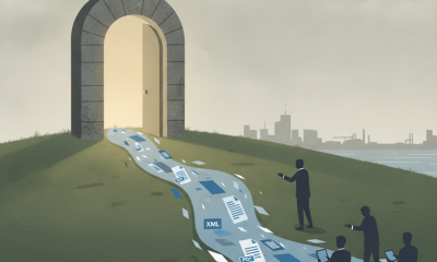 Illustration of people following a path of documents toward a glowing doorway, represe — Doorway to the American Dream Act