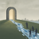 Illustration of people following a path of documents toward a glowing doorway, represe — Doorway to the American Dream Act