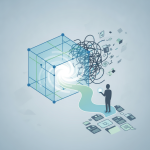 Ending Patient Runaround Act concept illustration: a person faces tangled lines and scattered paperwork beside a clear blu…
