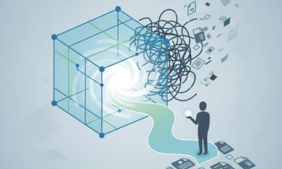 Ending Patient Runaround Act concept illustration: a person faces tangled lines and scattered paperwork beside a clear blu…
