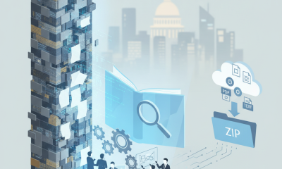 Illustration of officials examining digital records beside a towering stack of files, wi — Epstein Wall Street Records Act