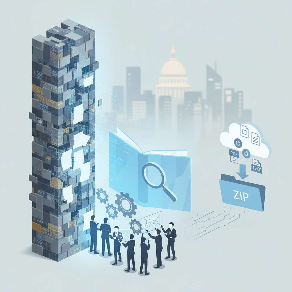 Illustration of officials examining digital records beside a towering stack of files, wi — Epstein Wall Street Records Act