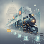 Illustrated steam locomotive passes the U.S. Capitol amid digit — Fast Tracking European Investment in Ukraine Defense Act