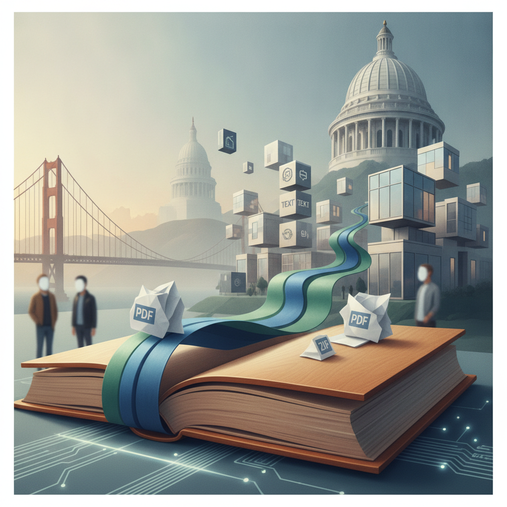Streamlining Affordable Housing Act concept with a thick book, PDF files, floating data blocks, and civic buildings